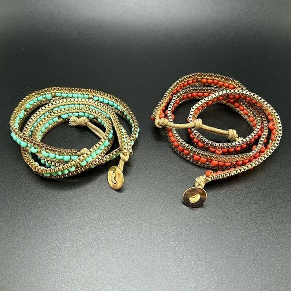 Vintage Jewelry - Set of Two Leather Wrap Beaded Bracelets Gold Tone Turquoise & Coral